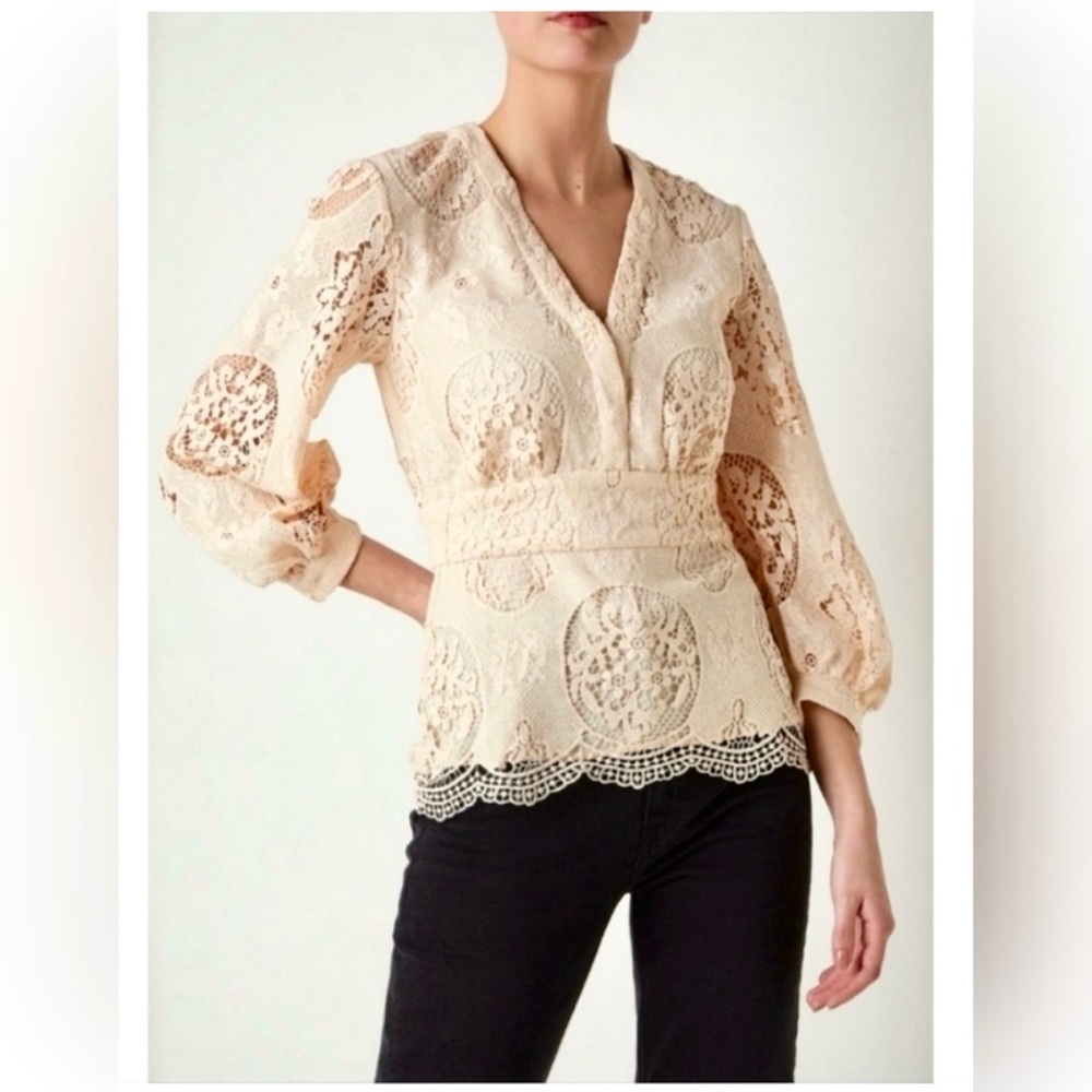 NWOT - MAJE Lalou Guipure Lace Blouse - Cream - V-neck Scalloped - 3
